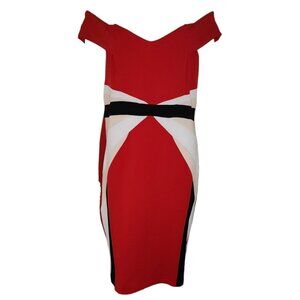 Fashion Nova Dress Womens Plus Size 2XL Red White Black Pencil Colorblock